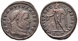 Constantius I (Caesar, 293-305). Follis. Aquileia.

Obv: CONSTANTIVS NOB CAES.
Laureate head to right.
GENIO POPVLI ROMANI// AQΓ.
Rev: Genius standing...
