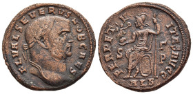 SEVERUS II (Caesar, 305-306). Follis. Alexandria.

Obv: FL VAL SEVERVS NOB CAES.
Laureate head right.
Rev: PERPETVITAS AVGG.
Roma seated left on thron...
