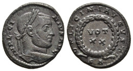 LICINIUS I (308-324). Follis. Arelate.

Obv: IMP LICINIVS AVG.
Laureate head right.
Rev: D N LICINI AVGVSTI / SA.
VOT XX within wreath.

RIC 229.

Con...
