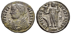 LICINIUS I (308-324). Follis. Nicomedia.

Obv: IMP LICINIVS AVG.
Laureate and draped bust left, holding mappa, globus and sceptre.
Rev: IOVI CONSERVAT...