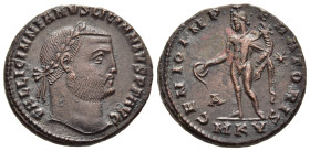 LICINIUS I (308-324). Follis. Cyzicus.

Obv: VAL LICINNIANVS LICINNIVS PF AVG.
Laureate head right.
Rev: GENIO IMPERATORIS / A / * / MKV.
Genius stand...