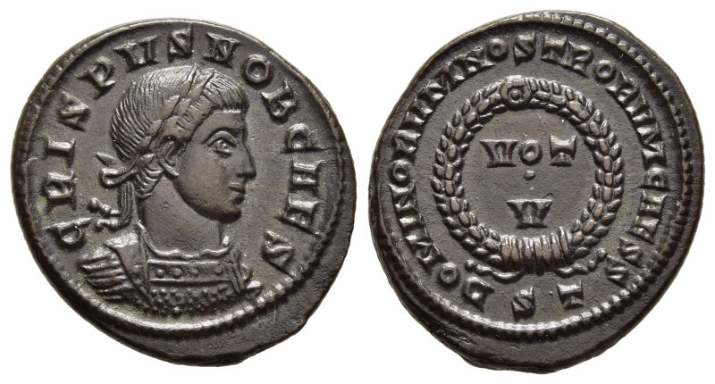 CRISPUS (Caesar, 316-326). Follis. Ticinum.

Obv: CRISPVS NOB CAES.
Laureate and...