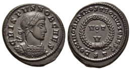 CRISPUS (Caesar, 316-326). Follis. Ticinum.

Obv: CRISPVS NOB CAES.
Laureate and cuirassed bust right.
Rev: DOMINORVM NOSTRORVM CAESS / ST.
VOT V in t...