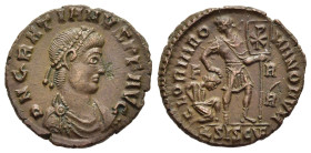 GRATIAN (367-383). AE. Siscia.

Obv: D N GRATIANVS P F AVG.
Diademed, draped and cuirassed bust right.
Rev: GLORIA ROMANORVM / F - A / monogram / ΔSIS...