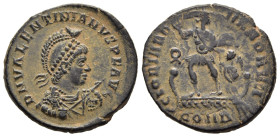VALENTINIAN II (364-375). Maiorina. Constantinople.

Obv: D N VALENTINIANVS P F AVG.
Diademed, helmeted, draped and cuirassed bust right, holding spea...