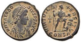 THEODOSIUS I (379-395). Maiorina. Constantinople.

Obv: D N THEODOSIVS P F AVG.
Pearl-diademed, darped and cuirassed bust right.
Rev: VIRTVS EXERCITI/...