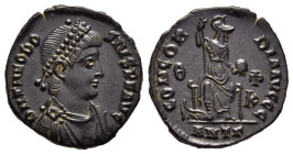 THEODOSIUS I (379-395). Follis. Antioch.

Obv: D N THEODOSIVS P F AVG.
Pearl- diademed, draped and cuirassed bust right.
Rev: CONCOR-DIA AVGGG / Θ-Φ/Κ...