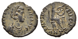 AELIA FLACILLA (Augusta, 379-386/8). AE Nummus. Antioch.

Obv: AEL FLACCILLA AVG.
Diademed and draped bust right.
Rev: SALVS REIPVBLICAE.
Victory seat...