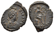 AELIA EUDOXIA (AD 400-404). Follis. Antioch.

Obv: AEL EVDOXIA AVG.
Diademed and draped bust right, being crowned by manus Dei.
Rev: SALVS REIPVBLICAE...
