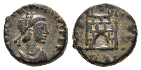 VALENTINIAN III (425-455). Nummus. Rome.

Obv: D N VALENTINIANVS P F AVG.
Diademed, draped and cuirassed bust right.
Rev: VOT PVB // RM.
Camp gate, wi...