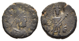 LEO I, with VERINA (457-474). AE.

Obv: D N LEO PERPET AVG.
Diademed, draped and cuirassed bust right.
Rev: b-E.
Empress Verina, crowned, standing fac...