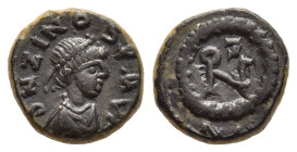 ZENO (Second reign, 476-491). Nummus. Nicomedia.

Obv: D N ZINO S P AVG.
Diademed, draped and cuirassed bust right.
Rev: Monogram of Zeno within wreat...