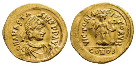 ANASTASIUS I (491-518). Gold Tremissis. Constantinople.

Obv: D N ANASTASIVS P P AVG.
Diademed, draped and cuirassed bust right.
Rev: VICTORIA AVGVSTO...