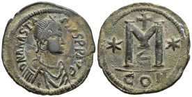 ANASTASIUS (491-518). Follis. Constantinople.

Obv: D N ANASTASIVS P P AVG.
Diademed, draped and cuirassed bust right.
Rev: Large M flanked by two sta...