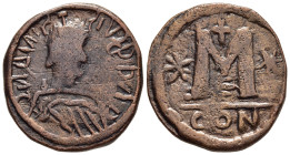 ANASTASIUS (491-518). Contemporary imitation of a Constantinople Follis.

Obv: Barbarized Diademed, draped and cuirassed bust right.
Rev: Large M flan...