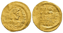 JUSTINIAN I (527-565). Gold Semissis. Constantinople.

Obv: D N IVSTINIANVS P P AVG.
Diademed, draped and cuirassed bust right.
Rev: VICTORIA AVGGG / ...