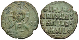 ANONYMOUS FOLLES. Class A2. Attributed to Basil II & Constantine VIII (976-1025). Follis. Constantinople.

Obv: + ЄMMANOVH / IC - XC.
Facing bust of C...