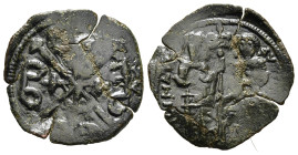 ANDRONICUS II PALAEOLOGUS with Michael IX (1282-1328). Trachy. Constantinople.

Obv: Cross potent, with short cross potent in saltire at center and di...