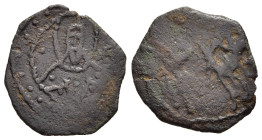 MANUEL II PALAEOLOGUS (1391-1425). AE Tornese. Constantinople.

Obv: St. Demetrius riding horse right, holding reins and sword.
Rev: Facing bust of Ma...