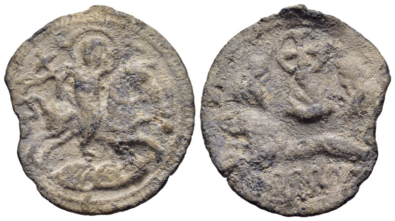 BYZANTINE EMPIRE. Lead Tessera.

Obv: St George on horse right, killing dragon a...