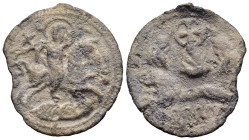 BYZANTINE EMPIRE. Lead Tessera.

Obv: St George on horse right, killing dragon at his feet.
Rev: Cross within circle upon hill top, lion jumping left(...
