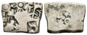 INDIA. Mauryan Empire. Karshapana (circa 2nd century BC). 

Obv: Five punches: bull standing to right, three-arched hill, two six-armed symbols with a...