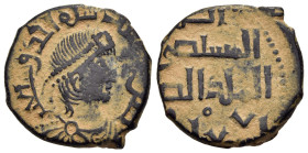 ISLAMIC. Zengid Atabegs of Halab. Al-Salih Isma’il. AH 569-577/AD 1174-1181. Æ Dirham (AH 571).

Obv: Pearl-diademed, draped, and cuirassed Roman-styl...
