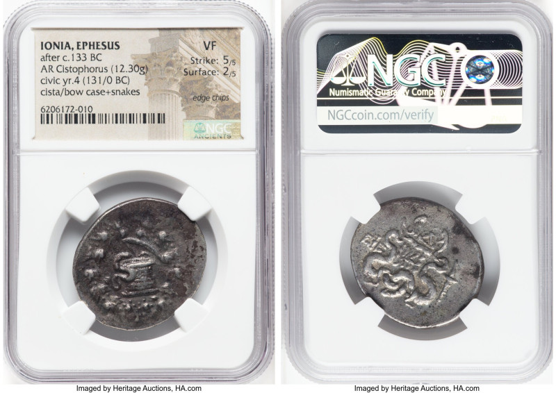 IONIA. Ephesus. Ca. 133-67 BC. AR cistophorus (30mm, 12.30 gm, 1h). NGC VF 5/5 -...