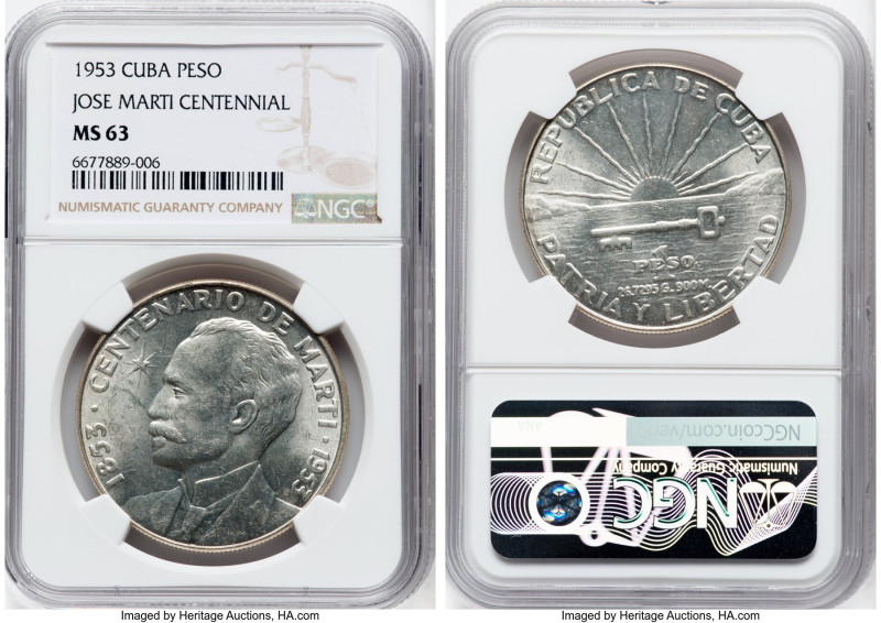 Republic "Jose Marti Centennial" Peso 1953 MS63 NGC, Philadelphia mint, KM29. Si...