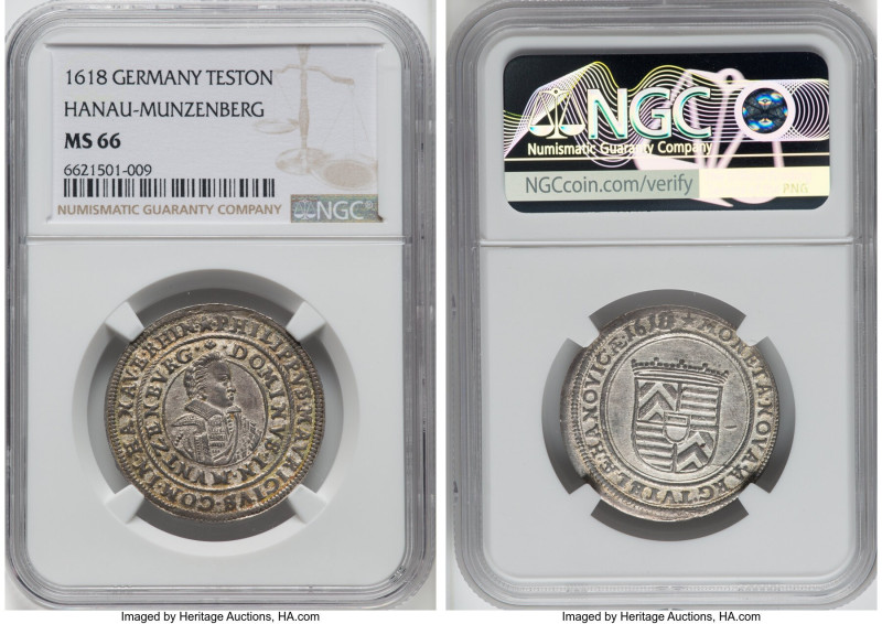 Hanau-Münzenberg. Philip Moritz Teston 1618 MS66 NGC, Hanau mint, KM36. PHILIPPV...