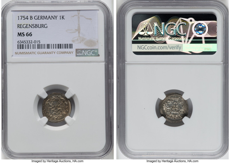 Regensburg. Free City Kreuzer 1754-B MS66 NGC, KM364. Mintmaster Johann Christop...