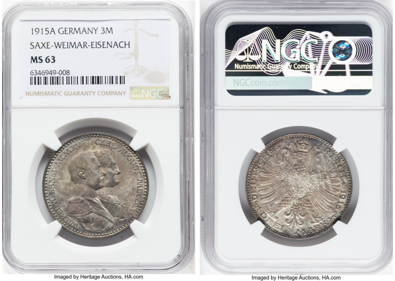Saxe-Weimar-Eisenach. Wilhelm Ernst 3 Mark 1915-A MS63 NGC, Berlin mint, KM222, ...