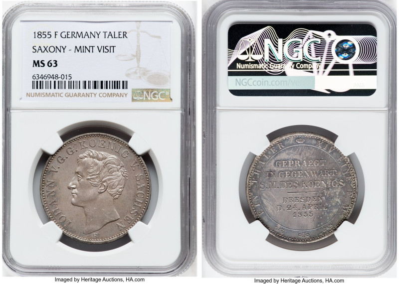 Saxony. Johann "Mint Visit" Taler 1855-F MS63 NGC, Dresden mint, KM1187. Visit t...