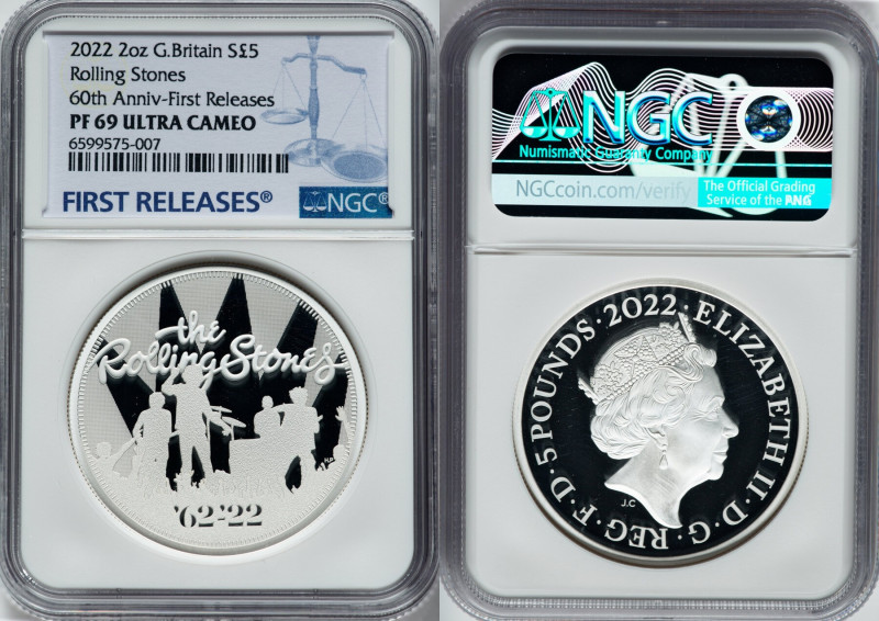 Elizabeth II silver Proof "Rolling Stones" 5 Pounds (2 oz) 2022 PR69 Ultra Cameo...