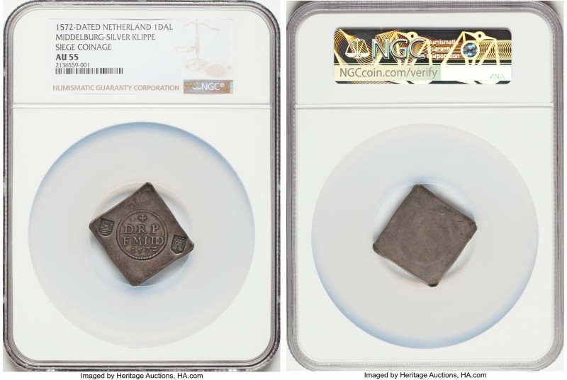 Middleburg Siege Uniface Klippe 36 Stuivers (Daalder) 1572-Dated AU55 NGC, Maill...
