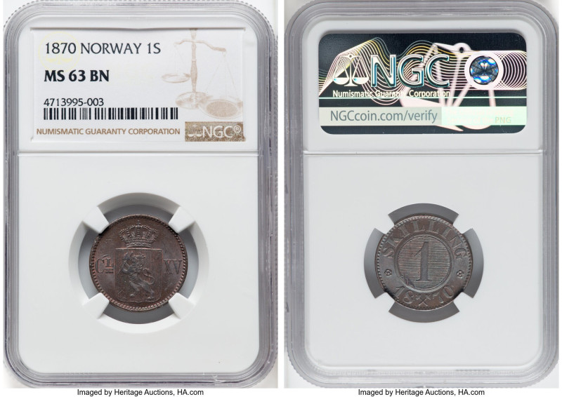 Carl XV Skilling 1870 MS63 Brown NGC, Kongsberg mint, KM335. One year type. Glos...