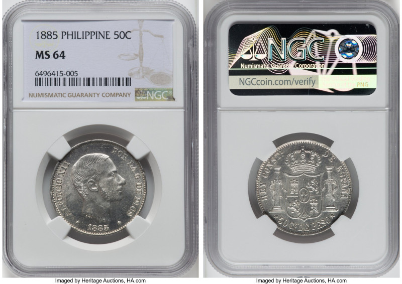 Spanish Colony. Alfonso XII 50 Centimos 1885 MS64 NGC, Manila mint, KM150. Champ...