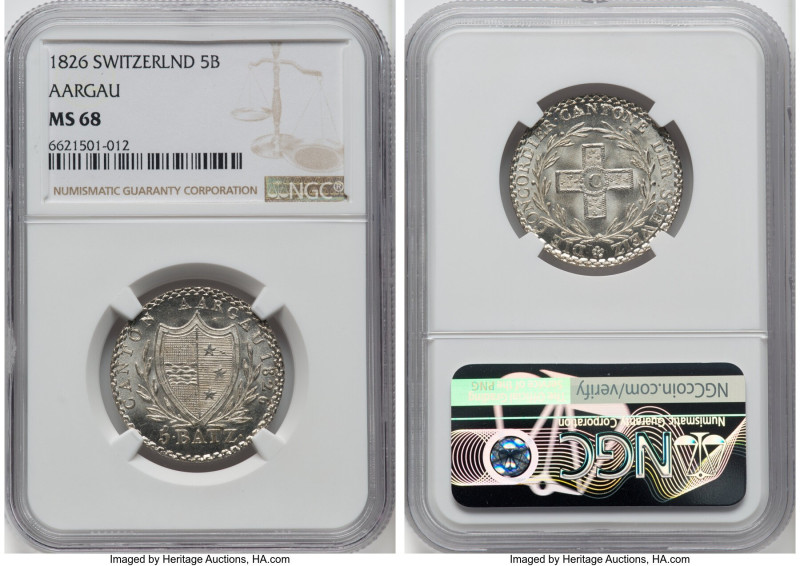 Aargau. Canton 5 Batzen 1826 MS68 NGC, KM23, HMZ-2-22j. Top grade certified. Ful...