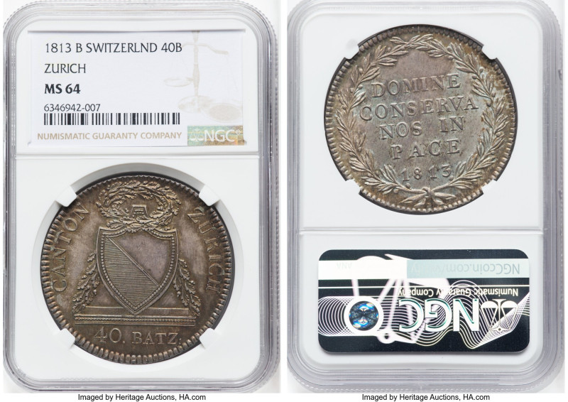 Zurich. Canton 40 Batzen 1813-B MS64 NGC, Bern mint, KM191, Divo-18. "B" below r...