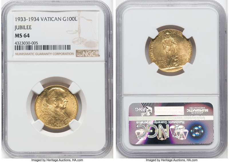 Pius XI gold "Jubilee" 100 Lire 1933-1934 MS64 NGC, Rome mint, KM19. Jubilee iss...