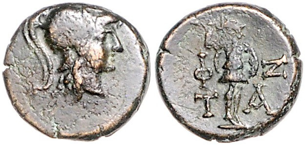 Aiolis-Temnos. 
AE13 300/200. v.Chr. Athenakopf mit korinthischem Helm / Kriege...