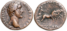 Kaiserzeit. 
Antoninus Pius 138-161. Sesterz ANTONINVS AVG PIVS PP / TR POT COS IIII [VI]CT AVG [SC] Kopf mit Lorbeerkranz n. r. / Victoria in Quadri...