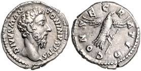 Kaiserzeit. 
Marcus Aurelius 161-180. Denar DIVUS M ANTONINVS PIVS Büste nach rechts / CONSECRATIO Adler mit Zepter fliegt nach rechts. RIC&nbsp;268,...