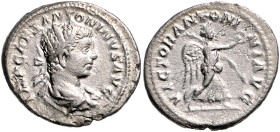 Kaiserzeit. 
Elagabalus 218-222. Antonian IMP CAES ANTONINVS AVG Büste mit Strahlenkrone nach rechts / VICTOR ANTONINI AVG Victoria schreitet mit Kra...