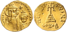 Constans II. 641-668. Solidus 654-659 Konstantinopel. dN CONSTANTIN4S C CONSTANT [INV] Büsten von Constans II. und Constantinus IV. mit Kreuzkronen, d...