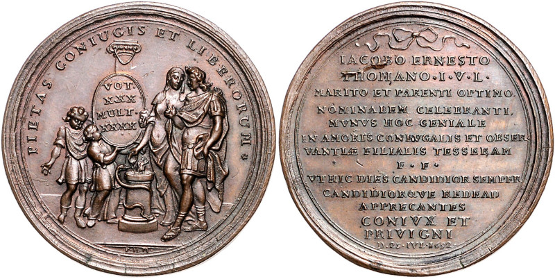 Augsburg, Stadt. 
Bronzemedaille 1692 (v. P.H. Müller) auf das Namensfest des P...