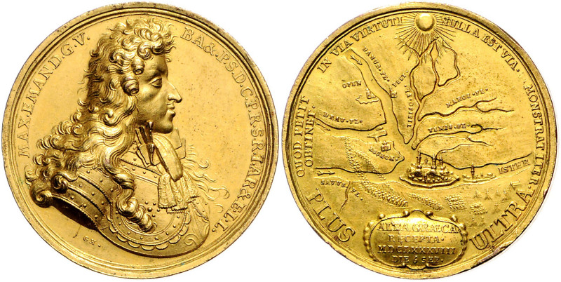 Bayern. 
Maximilian II. Emanuel 1679-1726. Vergoldete Bronzemedaille 1688 (v. H...