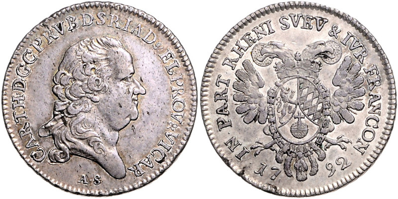 Bayern. 
Karl Theodor 1777-1799. 1/2 Konventionstaler 1792 Prägung für die Rhei...