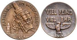 Bayern-Münchener Medailleure. 
Wysocki, Jan. 
Lot von 2 Stücken: Bronzegussmedaille 1914 (bei Poellath) VIEL FEIND VIEL EHR. Bernhart 111. (28,8mm 1...