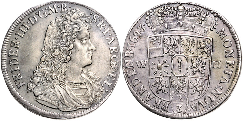 Brandenburg/-Preußen. 
Friedrich III. 1688-1701. Gulden (2/3 Taler) 1693 WH Emm...